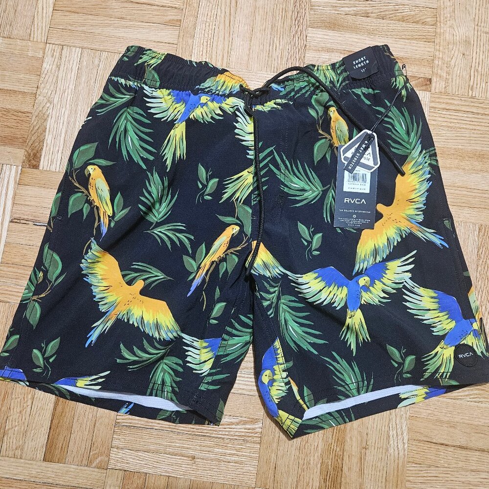 RVCA Mens VA Elastic Board Shorts Small 17" Parrot Print AVYBS00147 Swim Trunks